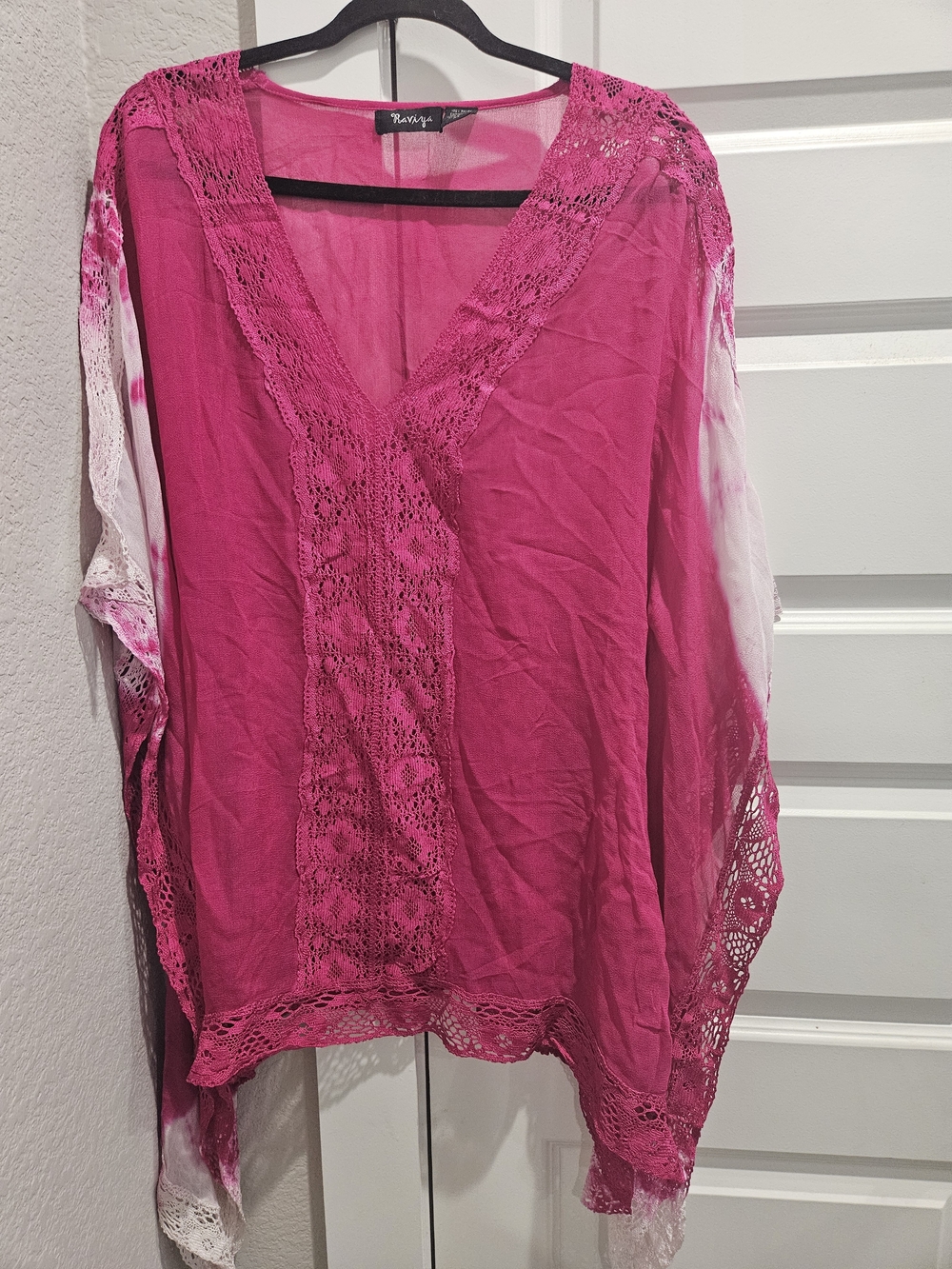Raviya Hot Pink Crochet-Trim V-Neck Tunic